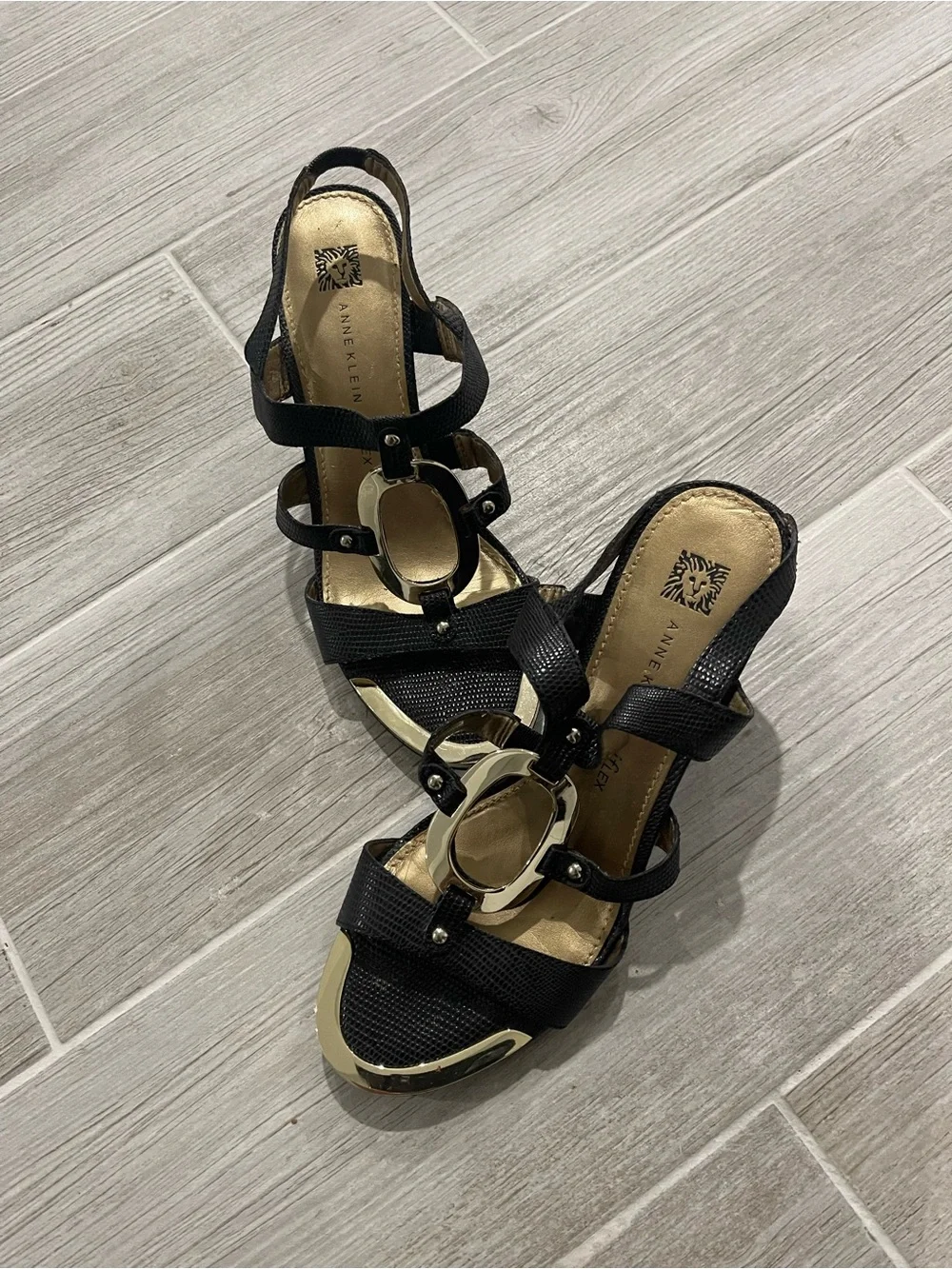 Anne Klein Black Wedge Sandals with Gold Accent
